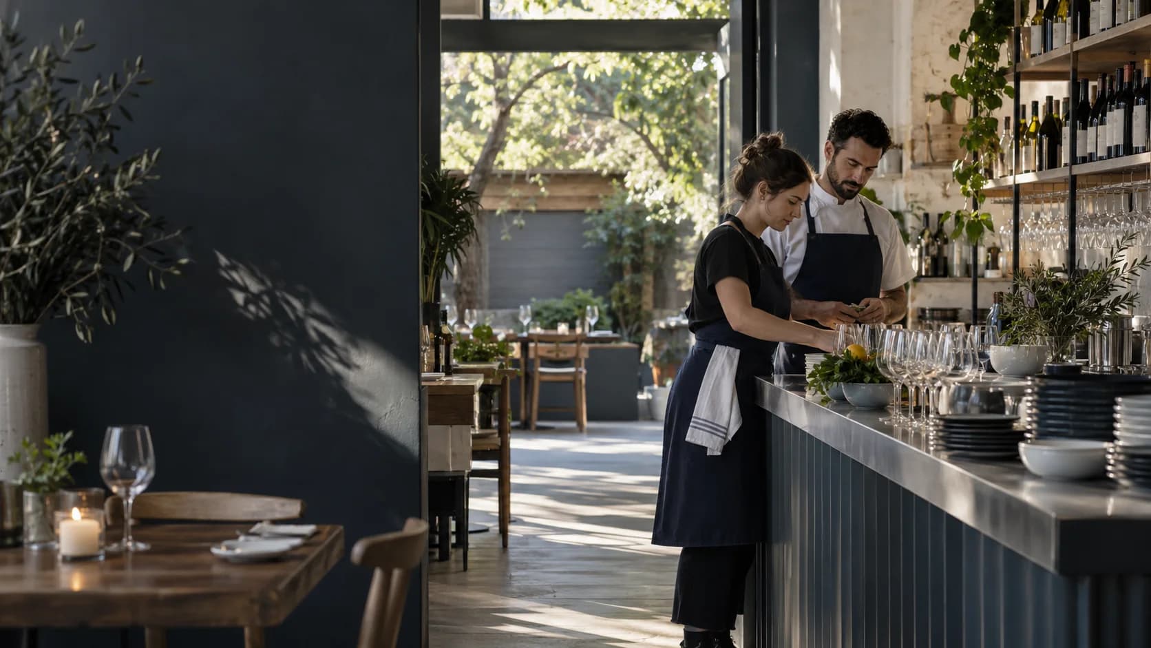 Hospitality team preparing a restaurant counter before service