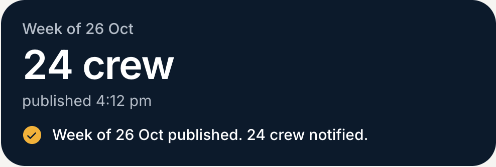 A confirmation: week of 26 October published, 24 crew notified