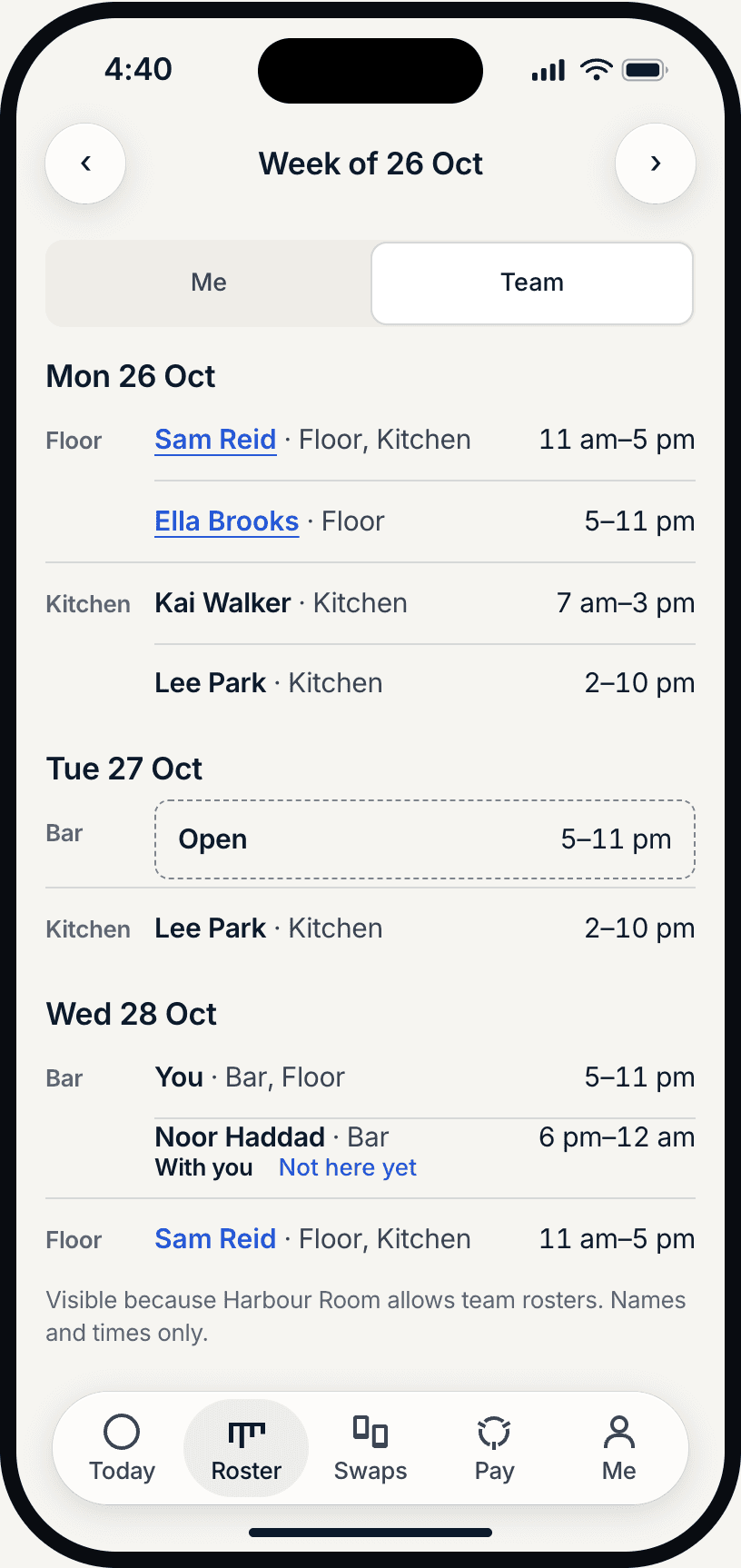 Crew team view on a phone: who works each day by section, with an open bar shift on Tuesday