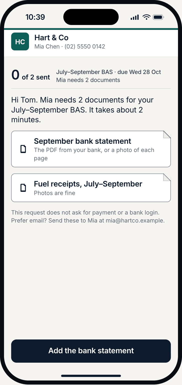 Client portal on a phone: the practice asks for two documents for the July to September BAS, due Wednesday 28 October, with a button to add the bank statement